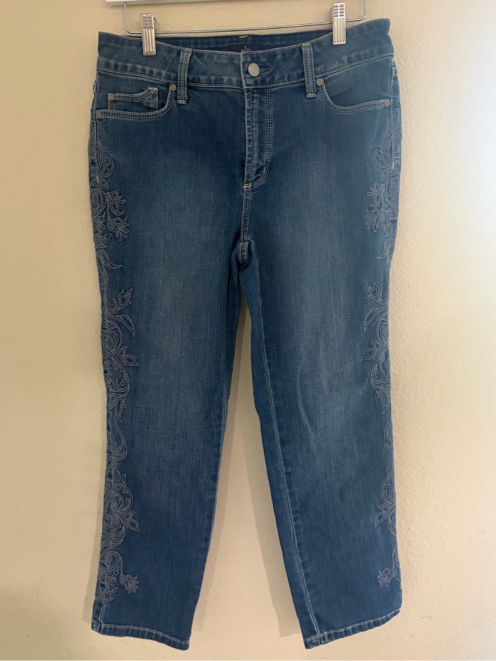 NYDJ Blue Straight-Leg Jeans with Side Embroidery